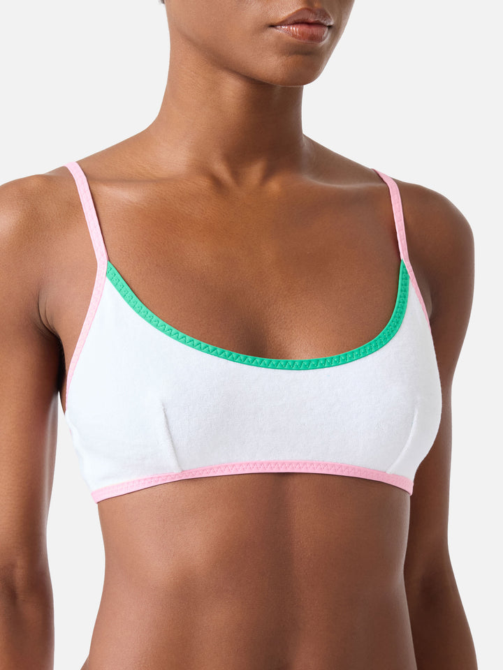 White Judy String terry bralette bikini top with piping