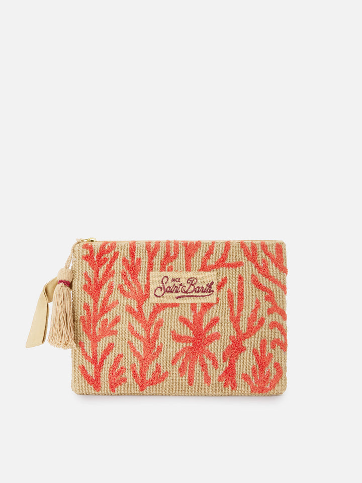 Jute pouch with embroidered coral pattern