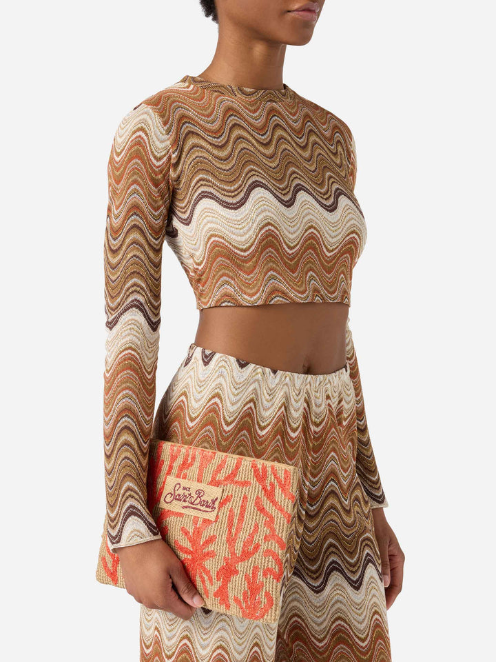 Jute pouch with embroidered coral pattern