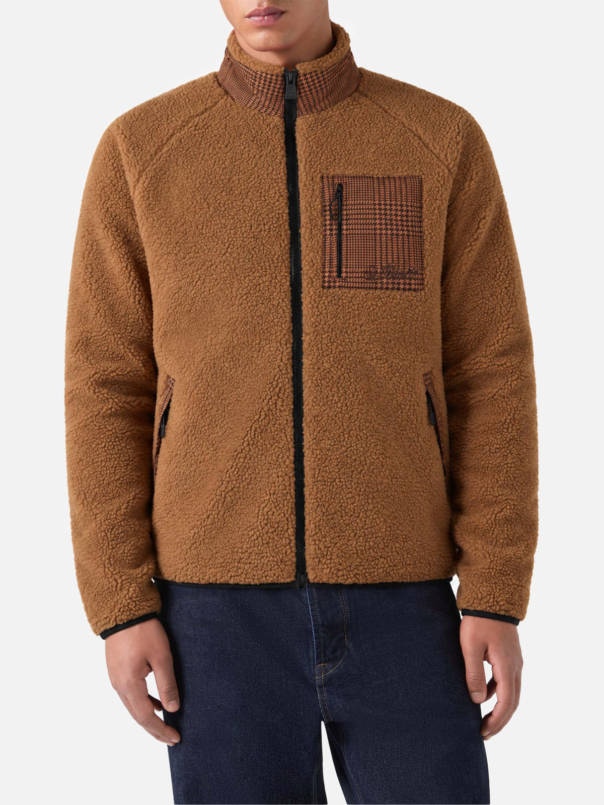 Giacca Keystone cammello in sherpa con motivo principe di Galles