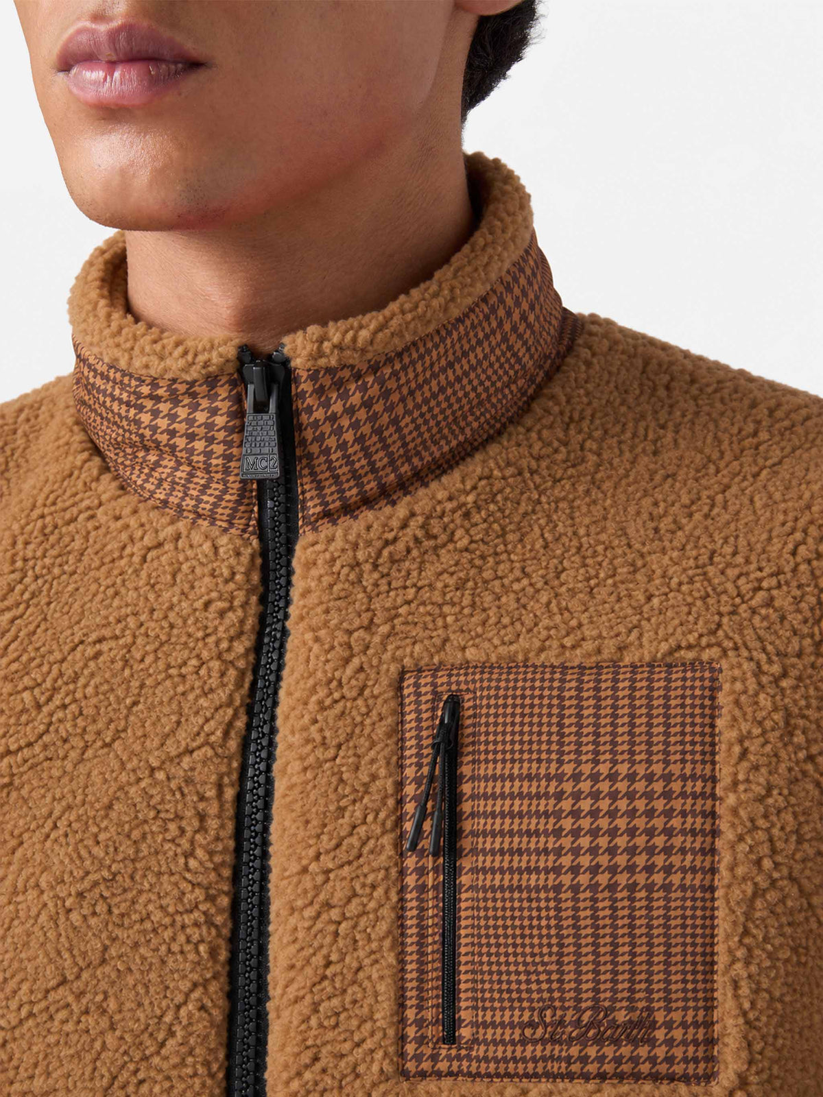 Giacca Keystone cammello in sherpa con motivo principe di Galles