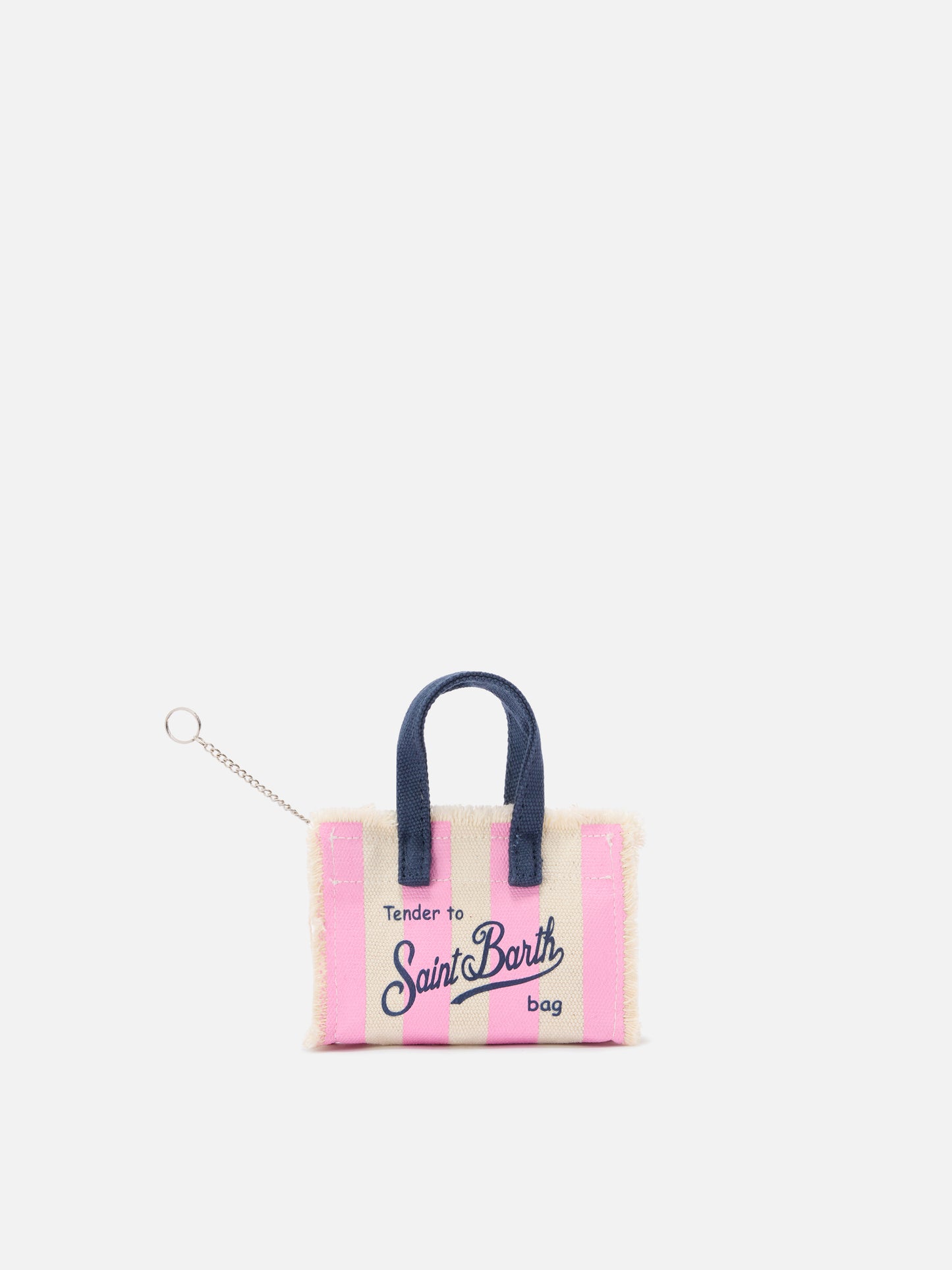 Llavero de tela a rayas con forma de mini bolso y logo bordado 