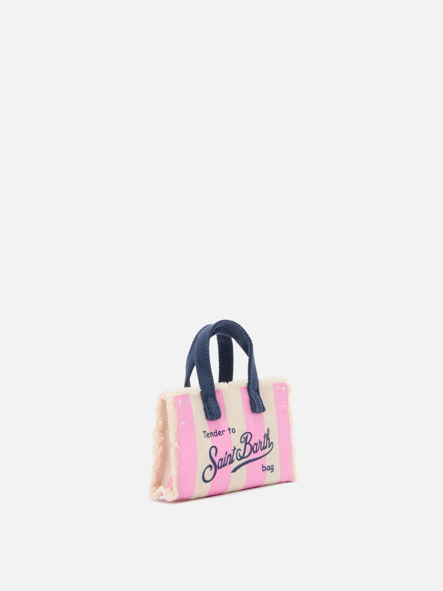Llavero de tela a rayas con forma de mini bolso y logo bordado 