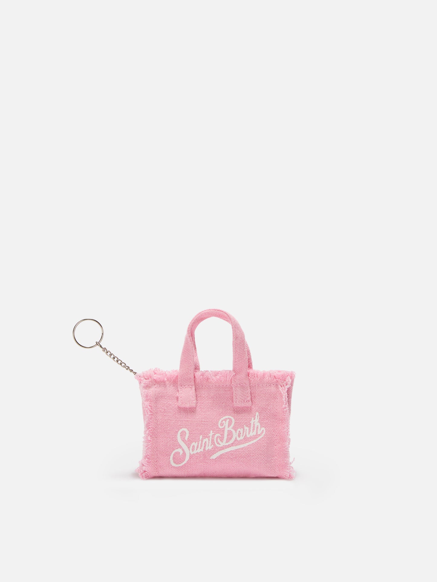 Pink linen mini bag–shaped keychain with printed logo