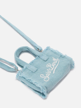 Light blue linen mini bag–shaped keychain with printed logo