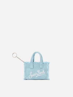 Hellblauer schlüsselanhänger in Form einer Mini-Tasche aus Leinen mit aufgedrucktem Logo 