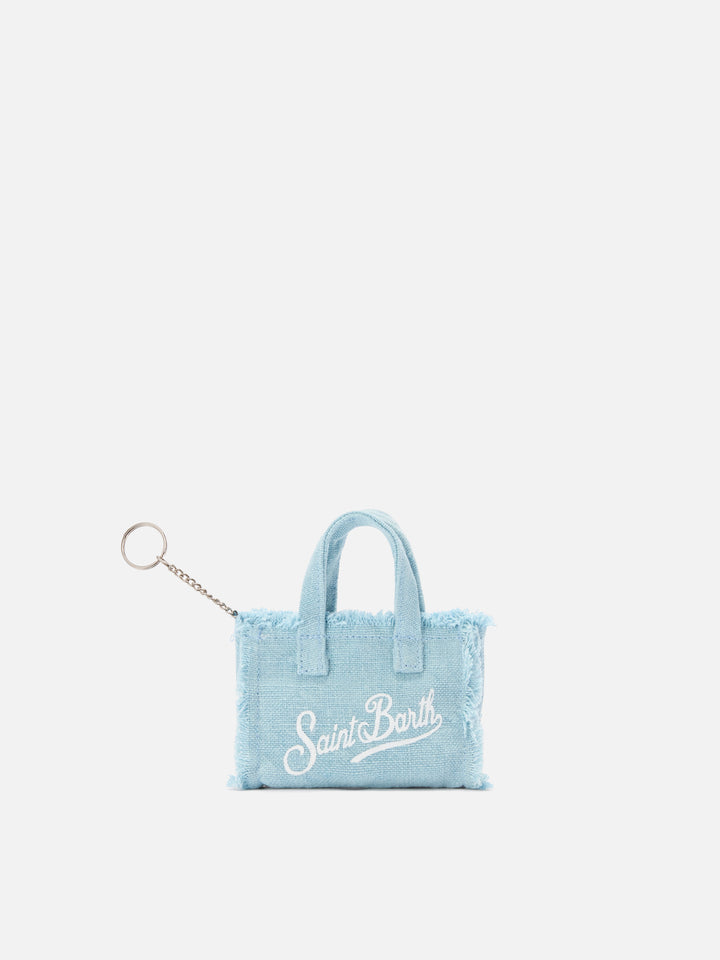 Light blue linen mini bag–shaped keychain with printed logo