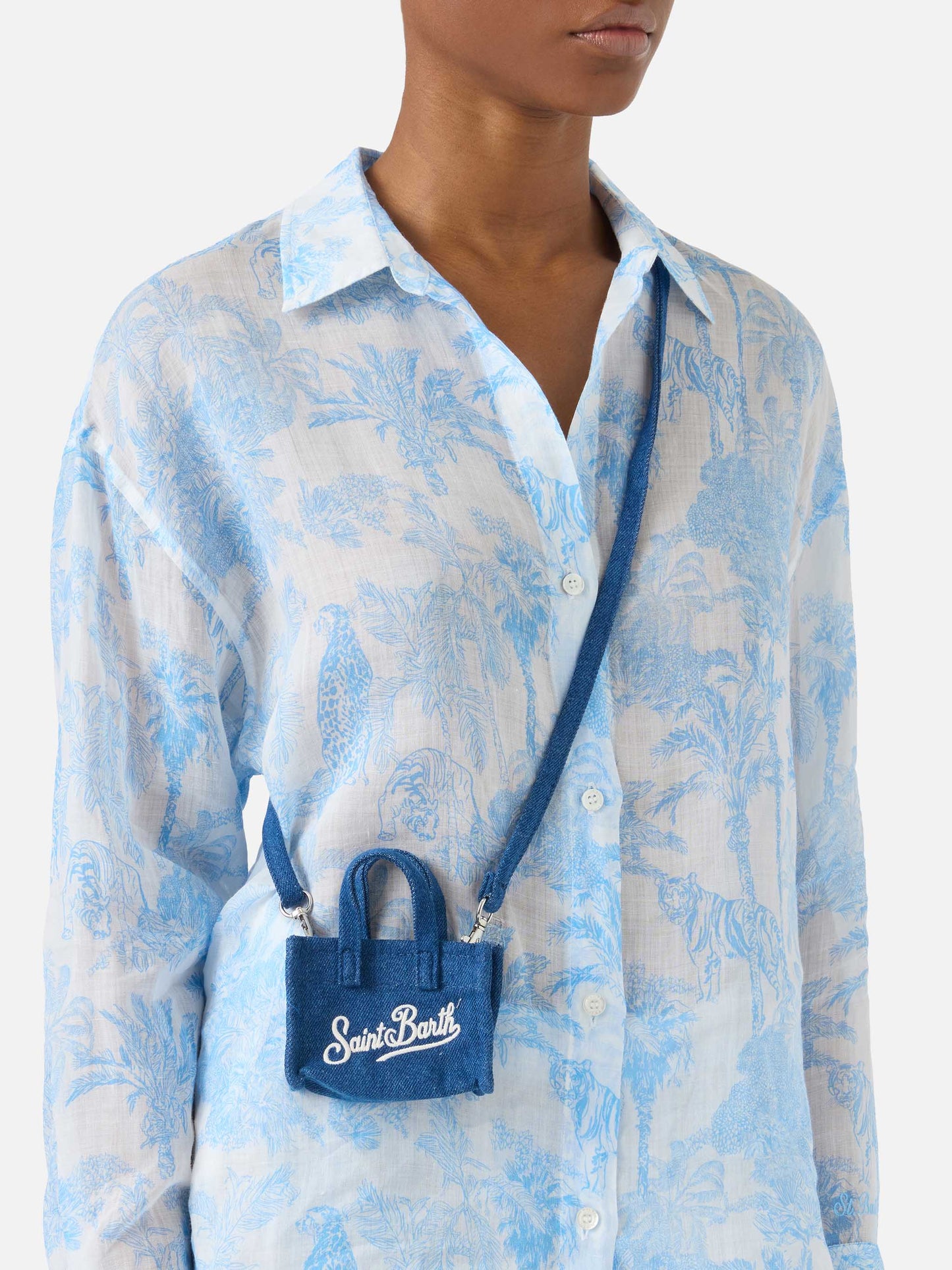 Porte-clés en denim en forme de mini sac avec logo imprimé 