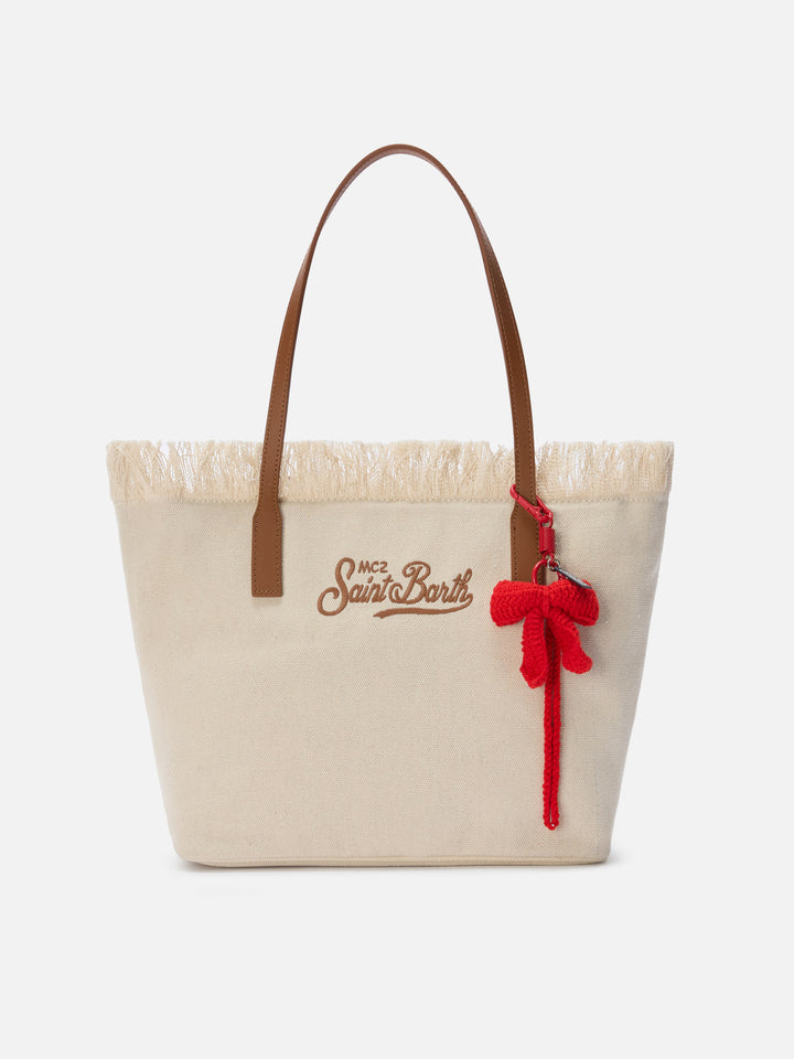 Crochet bow-shaped red keychain with lobster clasp