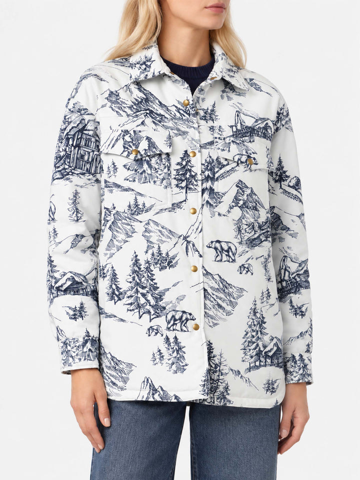 Kimmy lightweight quilted jacket with blue toile de jouy print