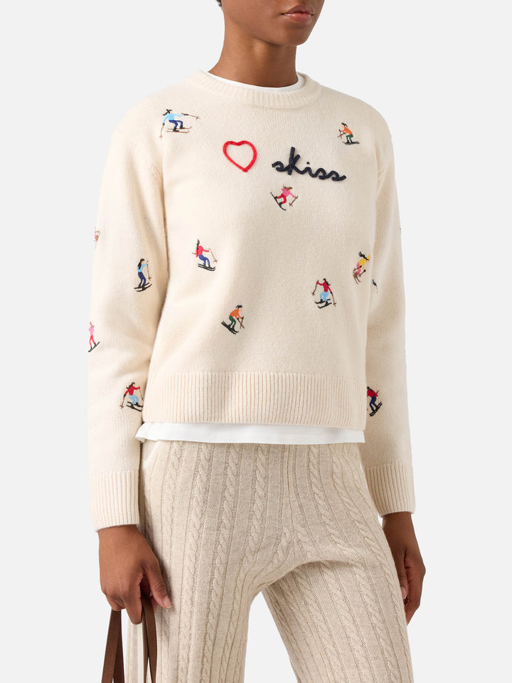 Pull col rond en laine Kyla Off white avec broderie Skiss 