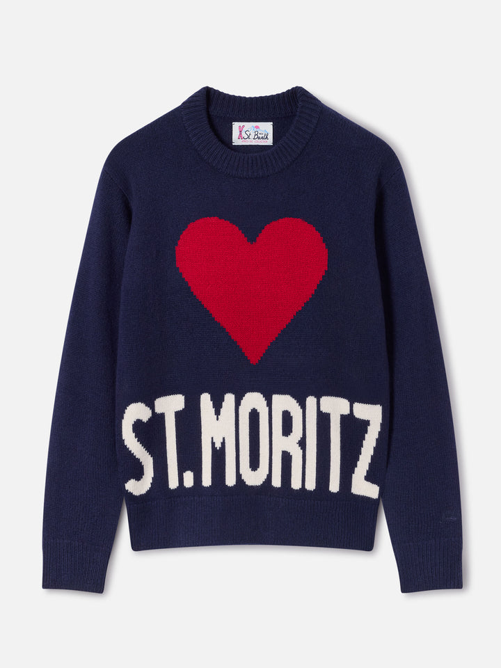 Marineblauer blue Kyla Rundhals-Strickpullover aus Woll- und Kaschmirmischung mit St. Moritz Intarsienmotiv | Special edition 