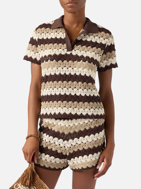 Polo Lala de mezcla de algodón con efecto crochet y motivo de rayas 