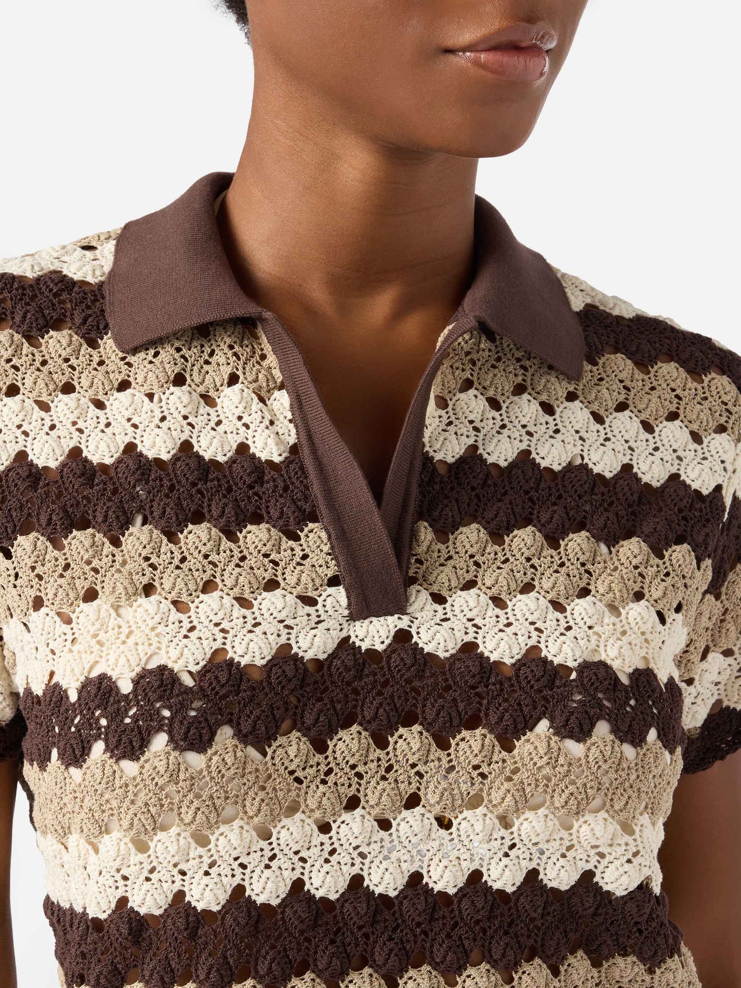 Polo Lala de mezcla de algodón con efecto crochet y motivo de rayas 