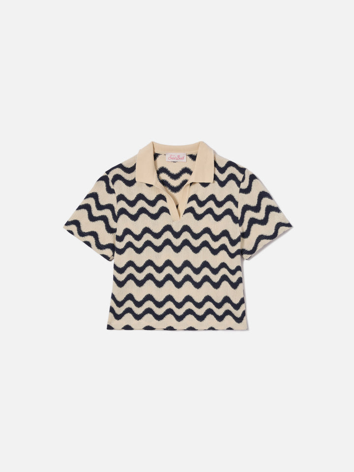 Polo Lala Jr in maglia misto cotone fantasia onde blu e avorio
