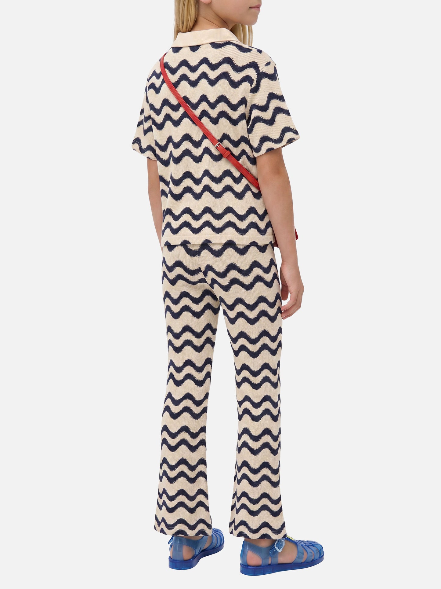 Pantalone Gwenda Jr in maglia raschel a onde blu e avorio