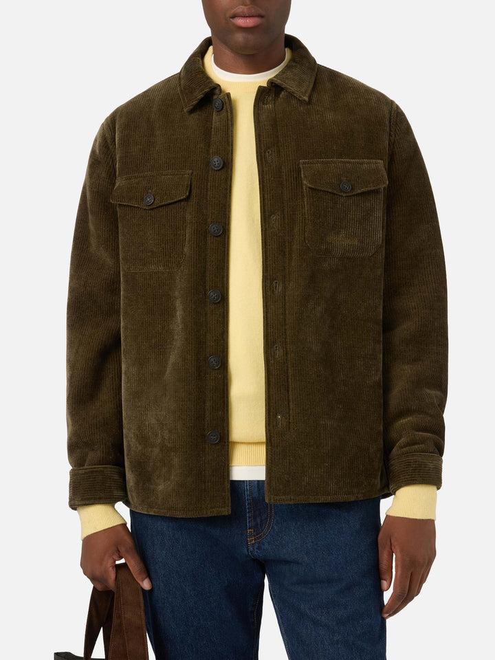 Military green Landeck corduroy overshirt with teddy lining