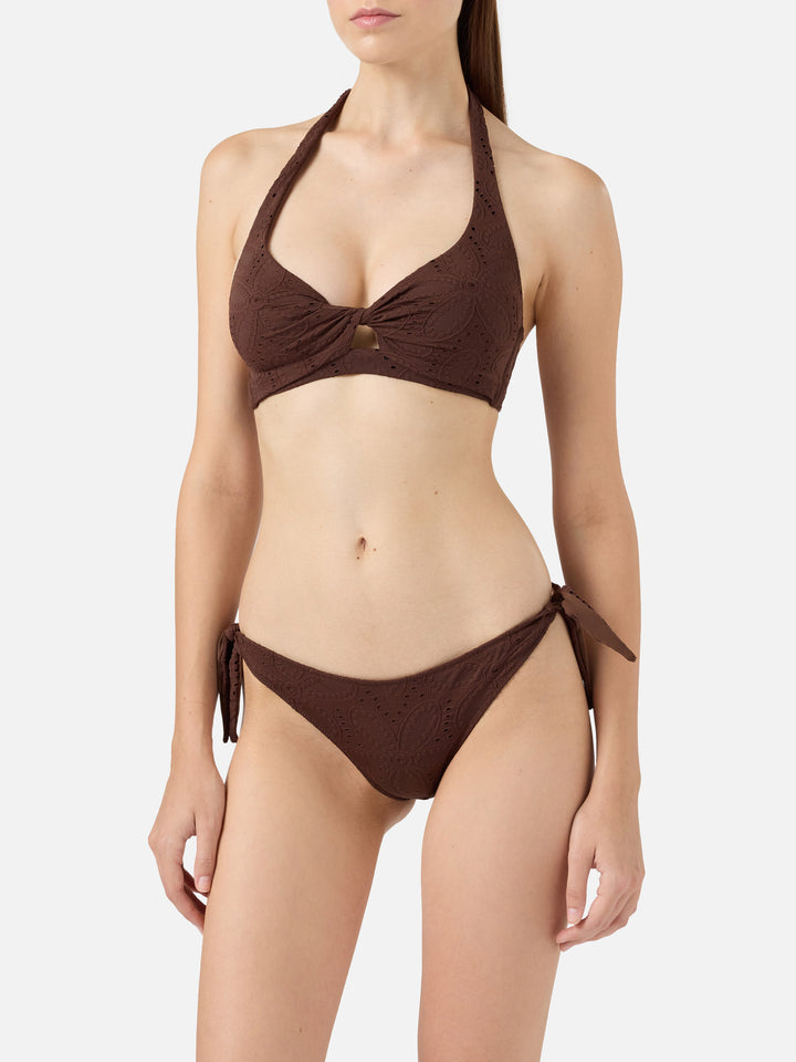 Yali slip mare classico in pizzo Sangallo marrone - Top bralette triangolo in Sangallo Leda