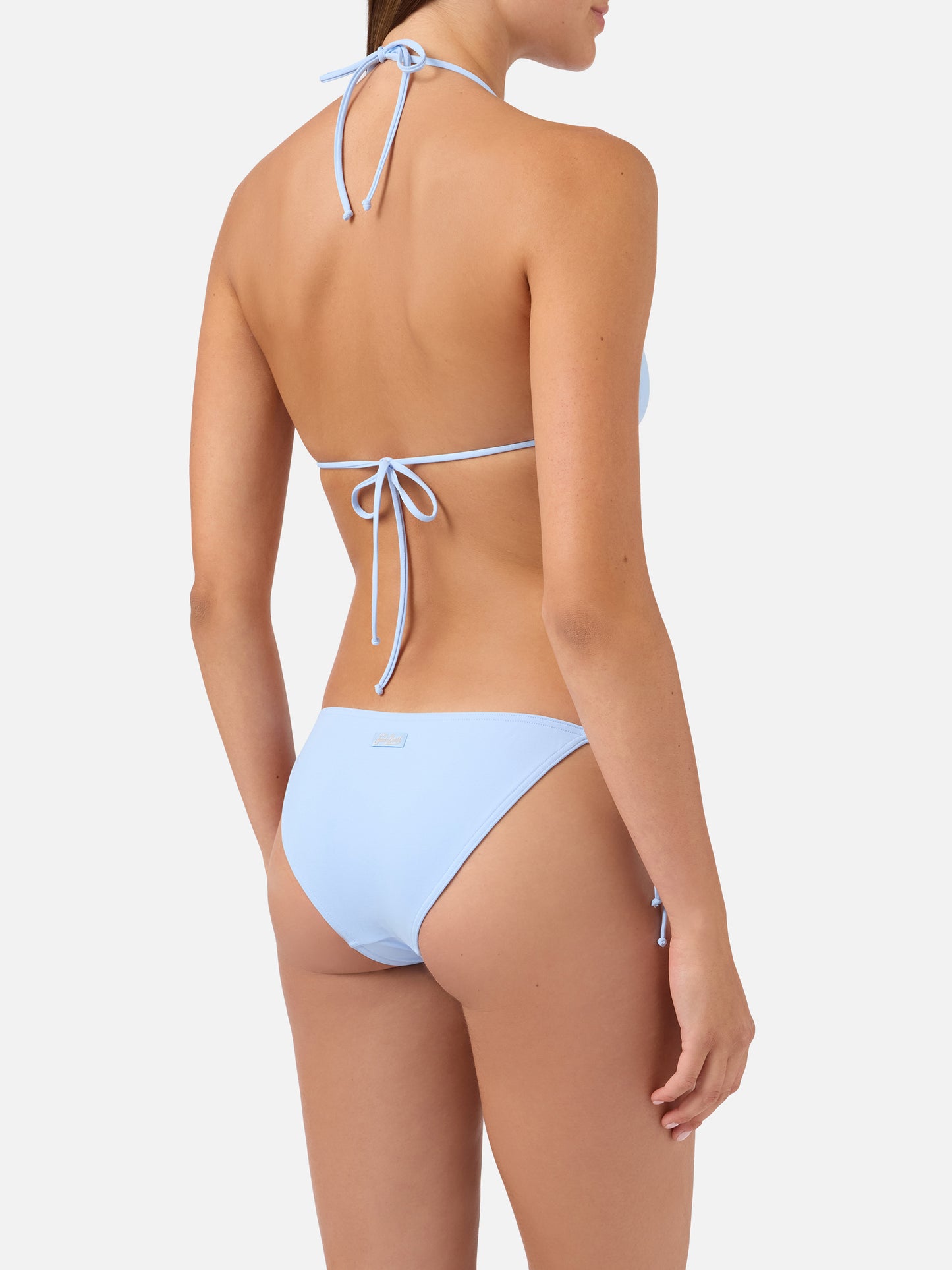 Bikini triangular Leah Virgo azul claro con lazos 