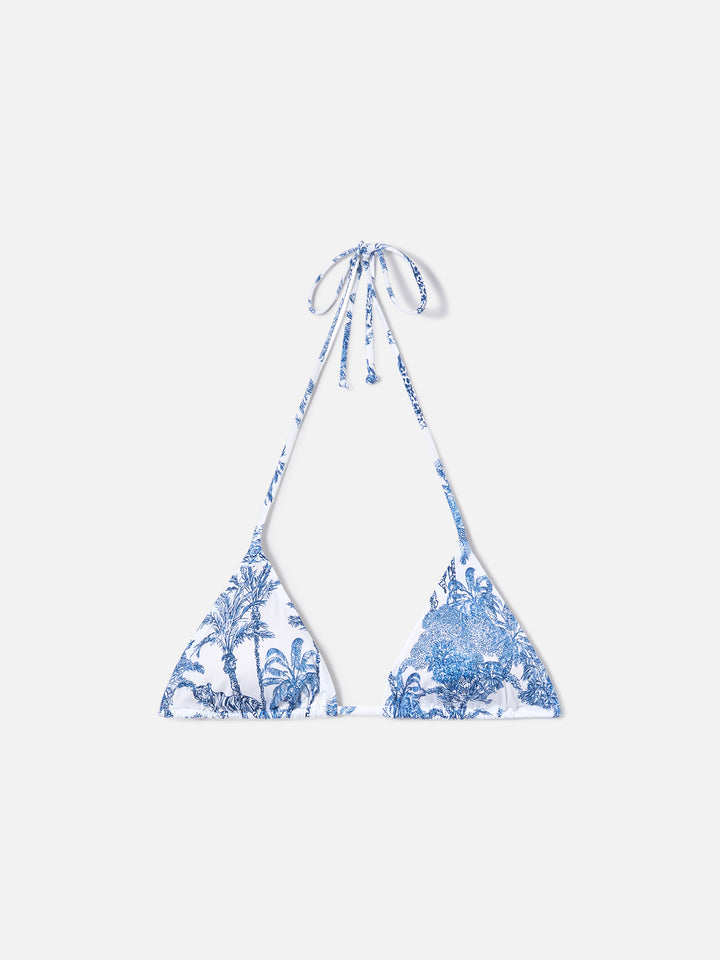 Leah triangle bikini top with light blue toile de Jouy print