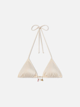 Leah triangle bikini top in glossy finish fabric with charms