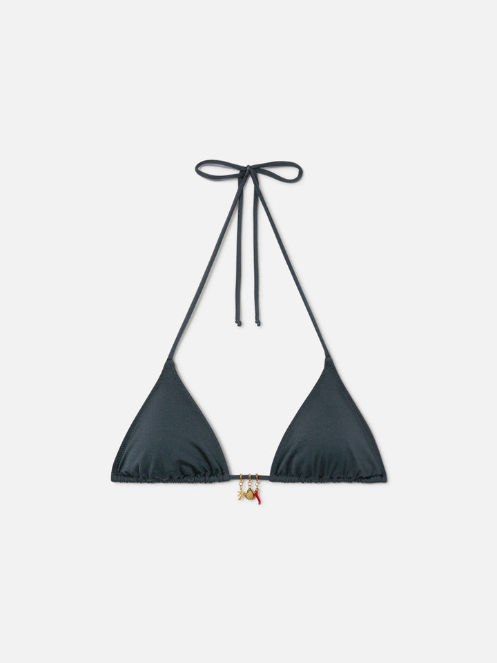 Leah triangle bikini top in grey glossy finish fabric with charms