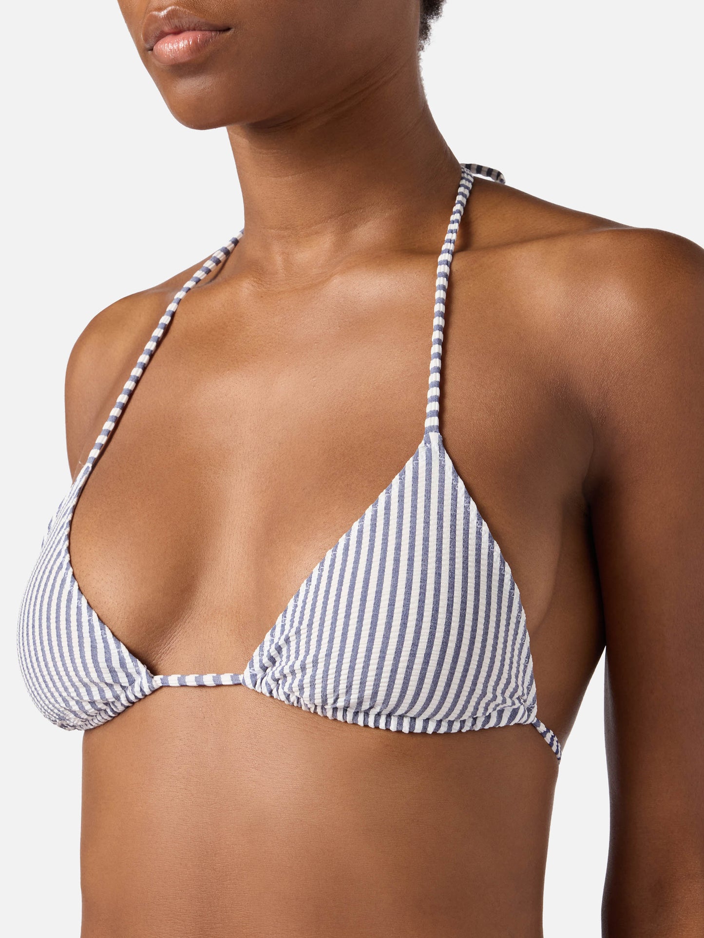 Haut de bikini triangle Leah en tissu seersucker bleu à rayures 