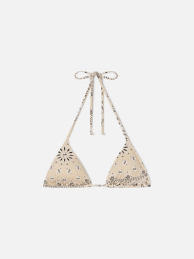 Haut de bikini triangle Leah avec imprimé bandana beige 