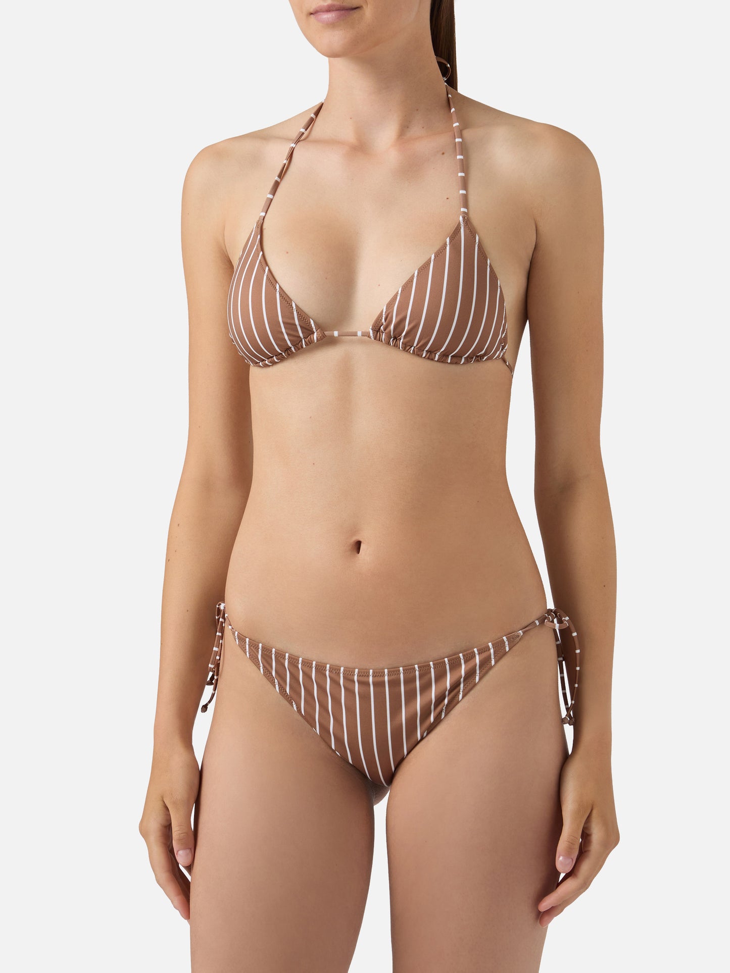 Bikini Leah Virgo à rayures verticales beige et marron 