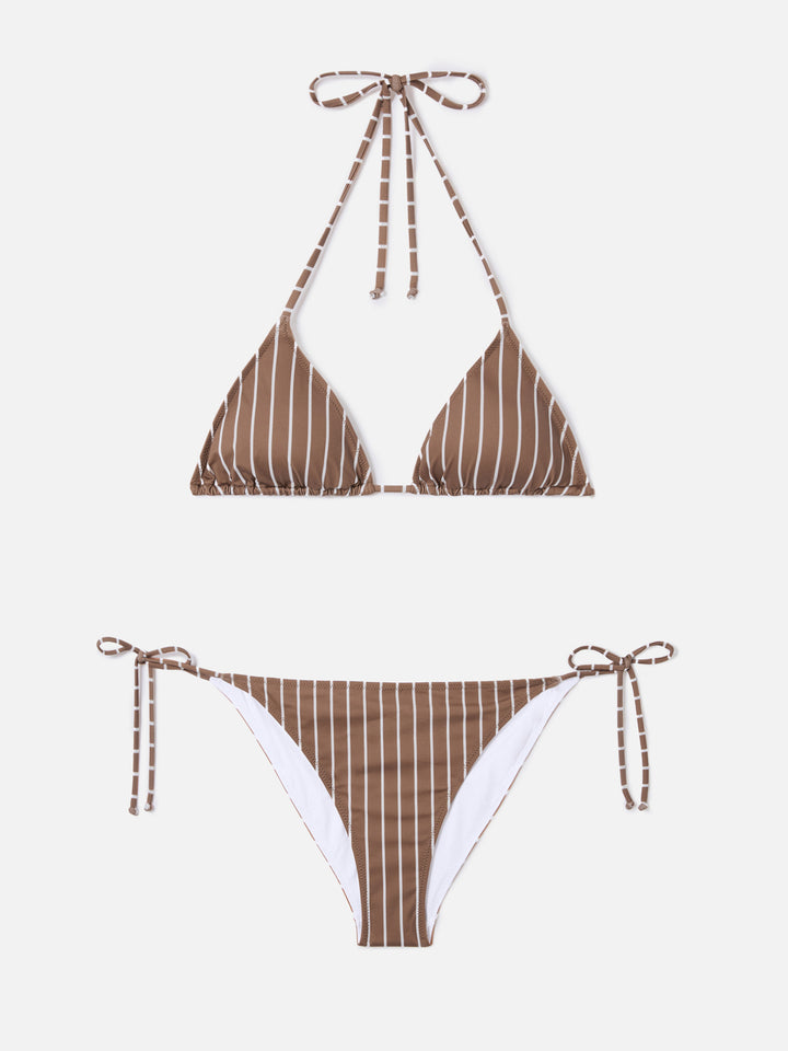 Leah Virgo beige and brown vertical striped bikini