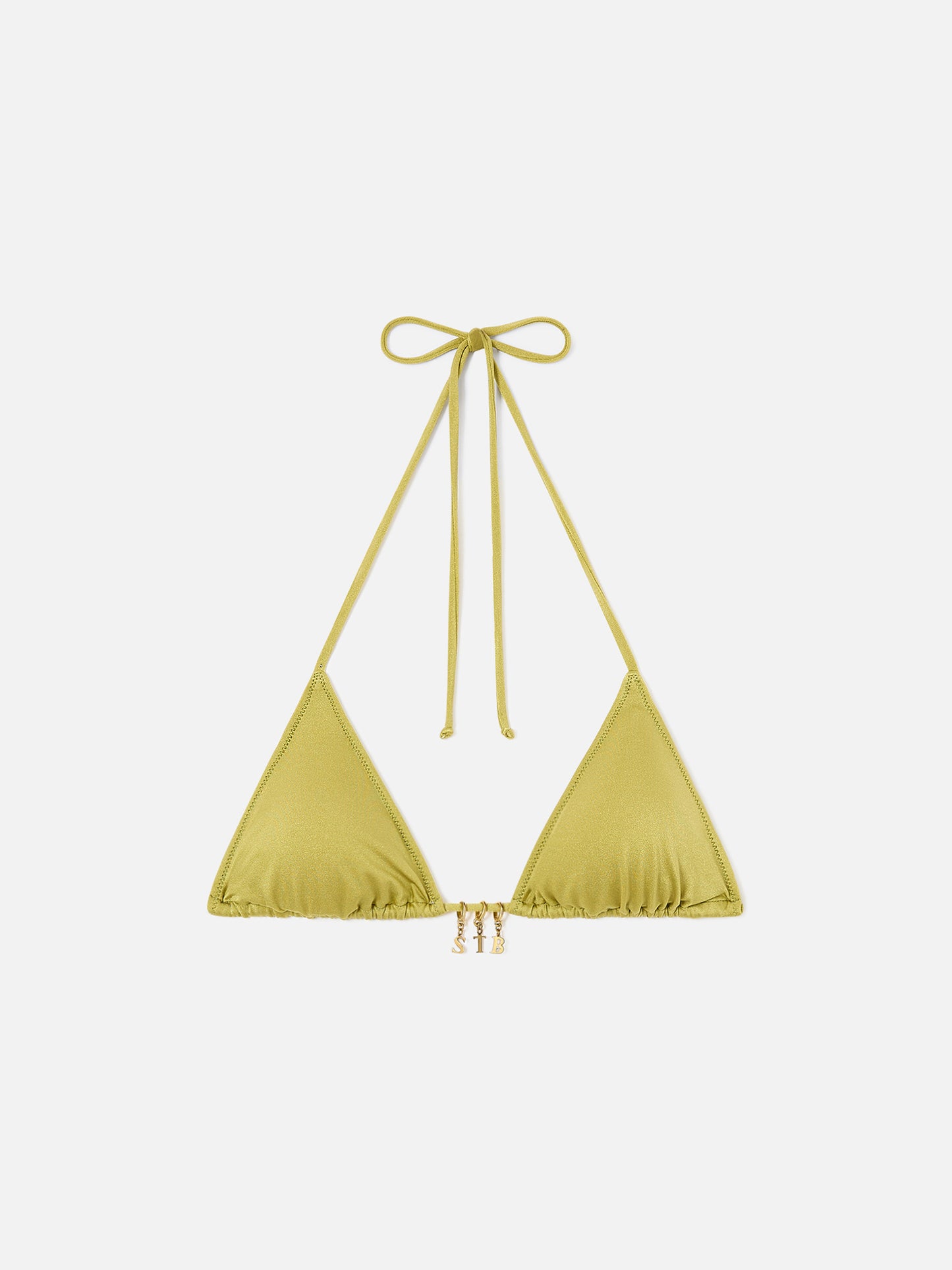 Leah triangle bikini top in pistachio glossy finish fabric with charms