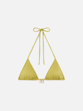 Leah triangle bikini top in pistachio glossy finish fabric with charms