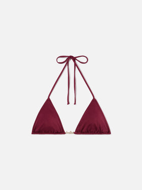 Haut de bikini triangle Leah Plate en tissu à finition brillante bordeaux 