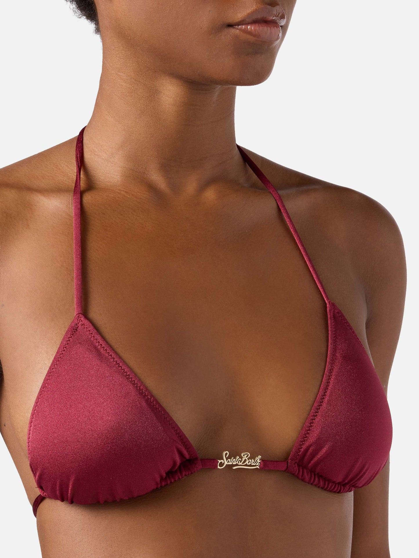 Haut de bikini triangle Leah Plate en tissu à finition brillante bordeaux 