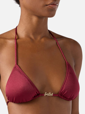 Haut de bikini triangle Leah Plate en tissu à finition brillante bordeaux 