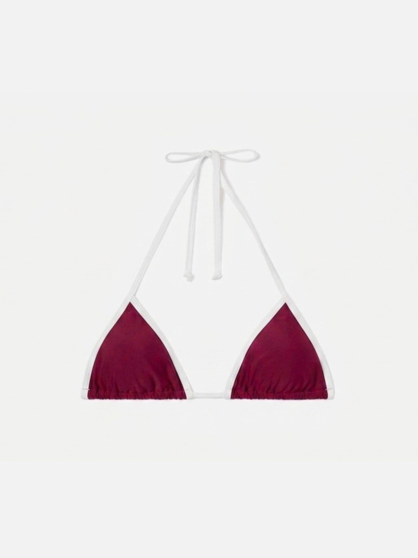 Haut de bikini triangle à ficelles Leah bordeaux avec finitions blanches 