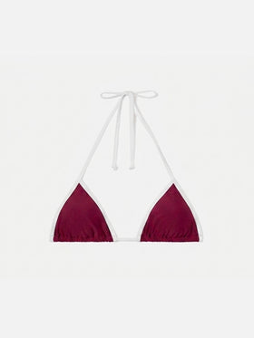 Haut de bikini triangle à ficelles Leah bordeaux avec finitions blanches 