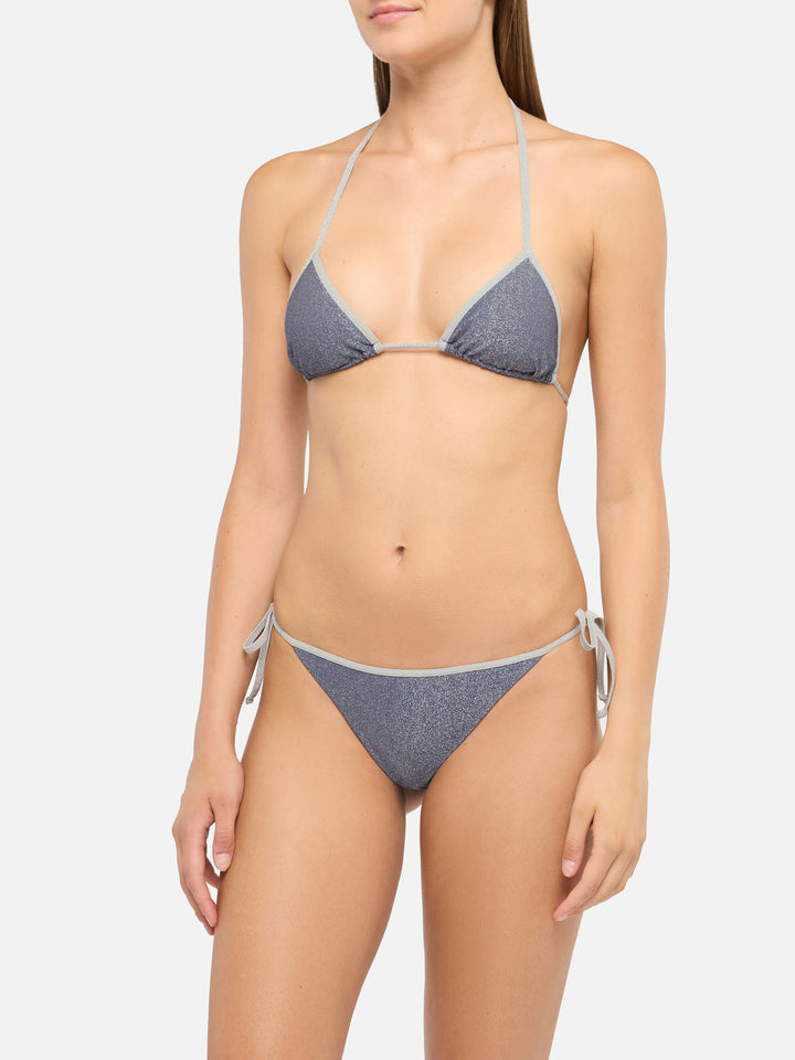 Leah Marielle classic triangle bikini in blue aviator lurex with silver trim