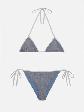 Marielle avio blue lurex classic swim briefs with silver piping - Leah avio blue lurex triangle top with silver piping