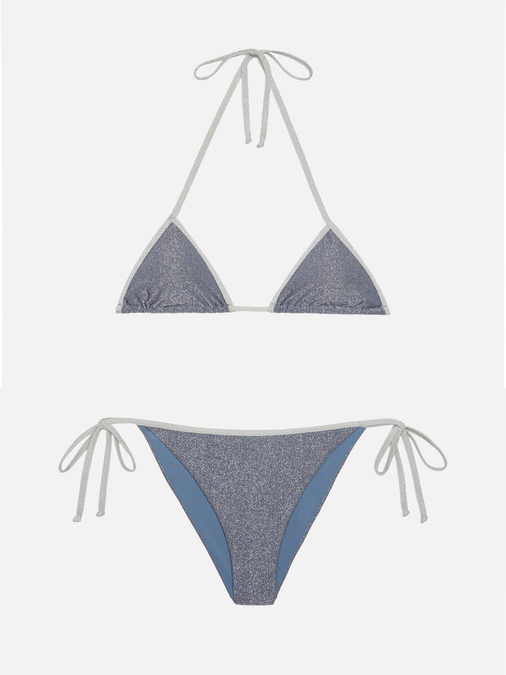 Leah Marielle classic triangle bikini in blue aviator lurex with silver trim
