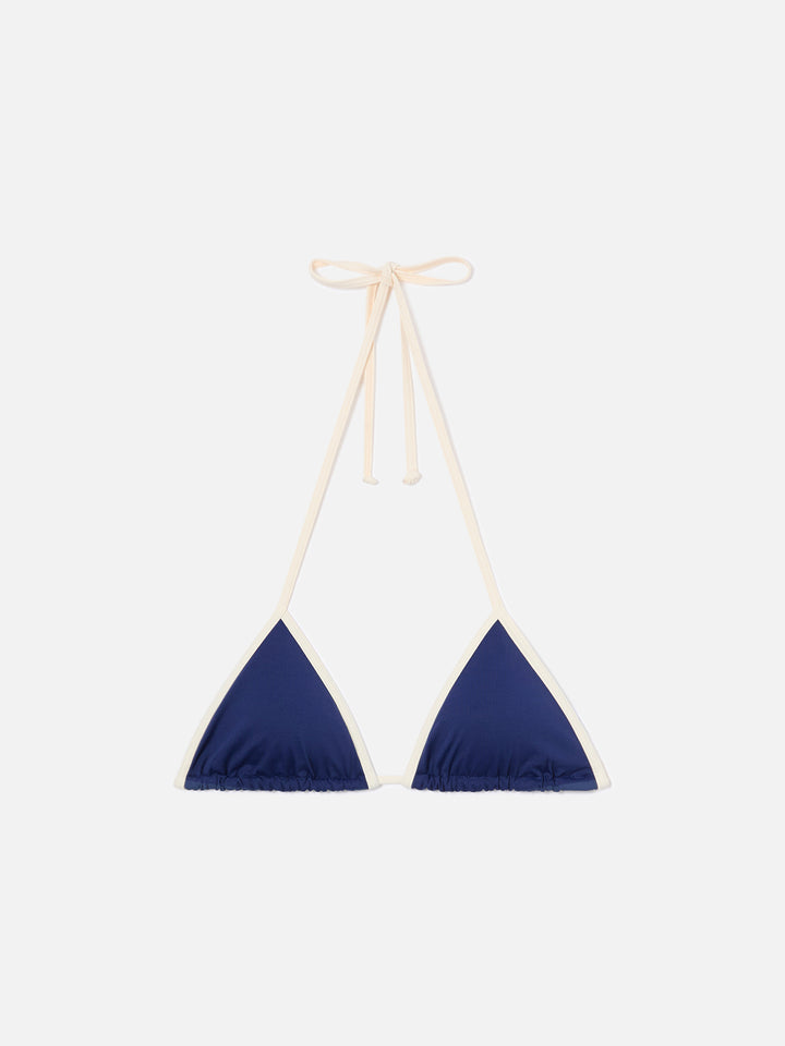 Leah String triangle bikini top in blue with white trims