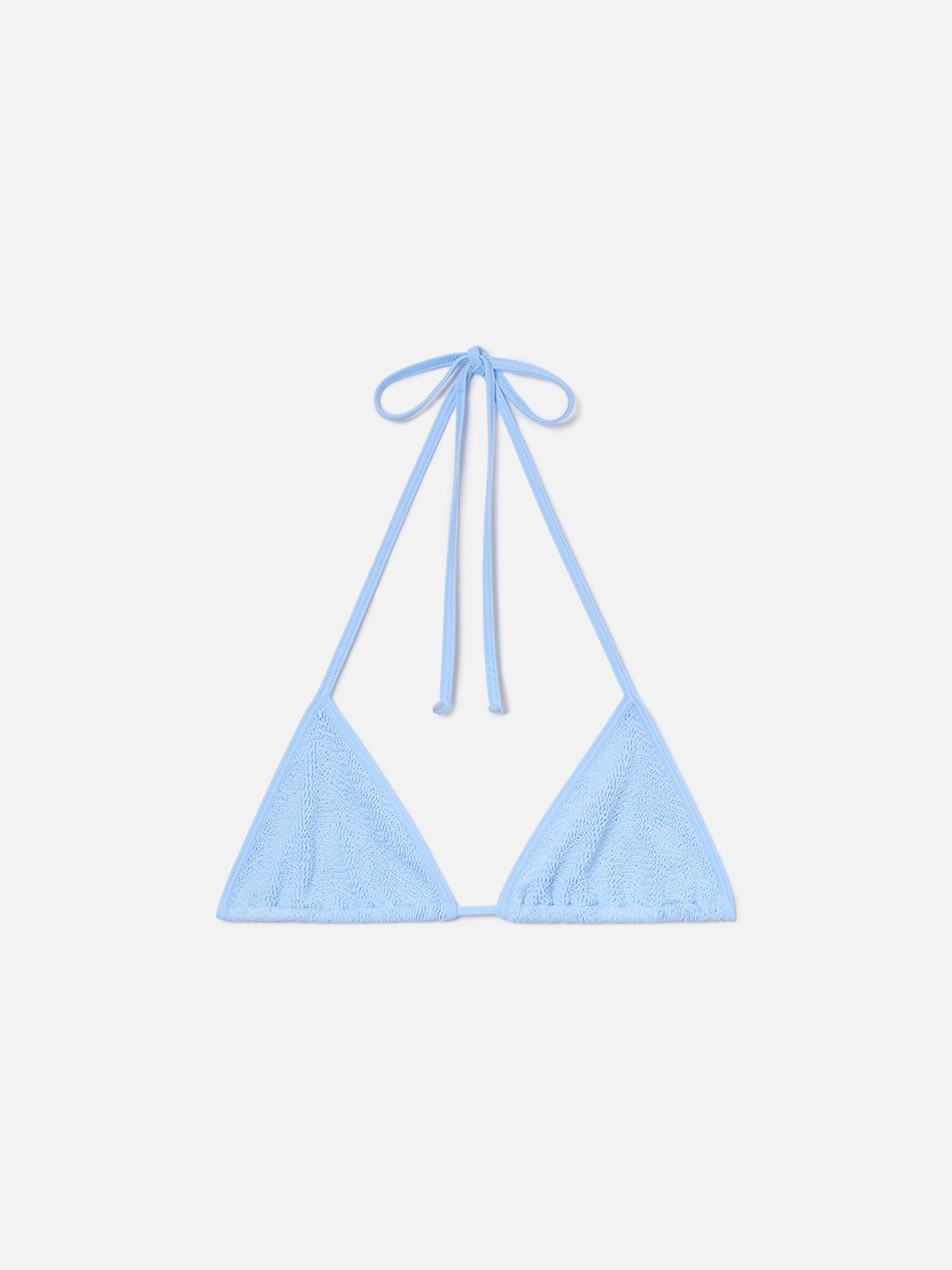 Top de bikini triangular con tirantes Leah en azul claro con ribetes blancos 
