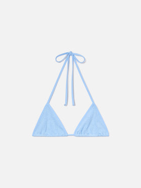 Top de bikini triangular con tirantes Leah en azul claro con ribetes blancos 