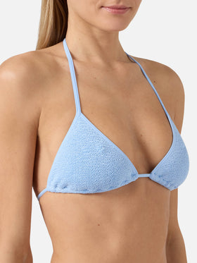 Leah String triangle bikini top in light blue with white trims