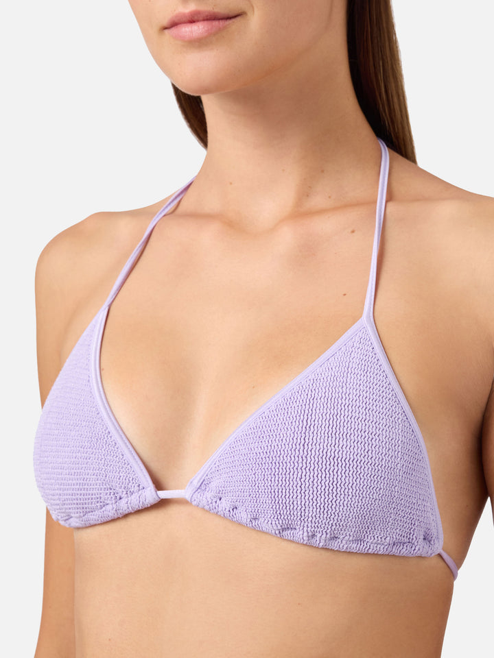 Leah String triangle bikini top in lilac crinkle lurex fabric
