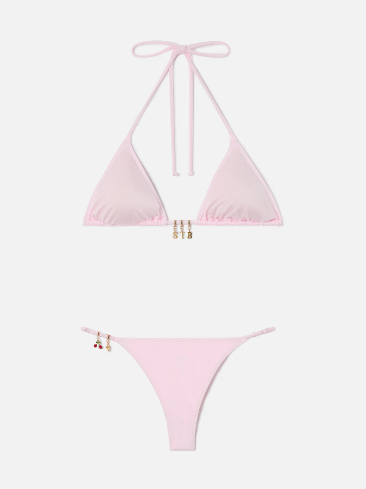 Bikini Lezzy triangle in pink glossy-finish fabric with charms
