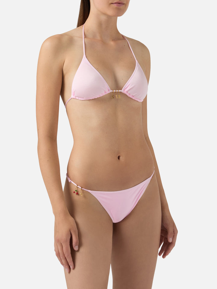Bikini Lezzy triangle in pink glossy-finish fabric with charms