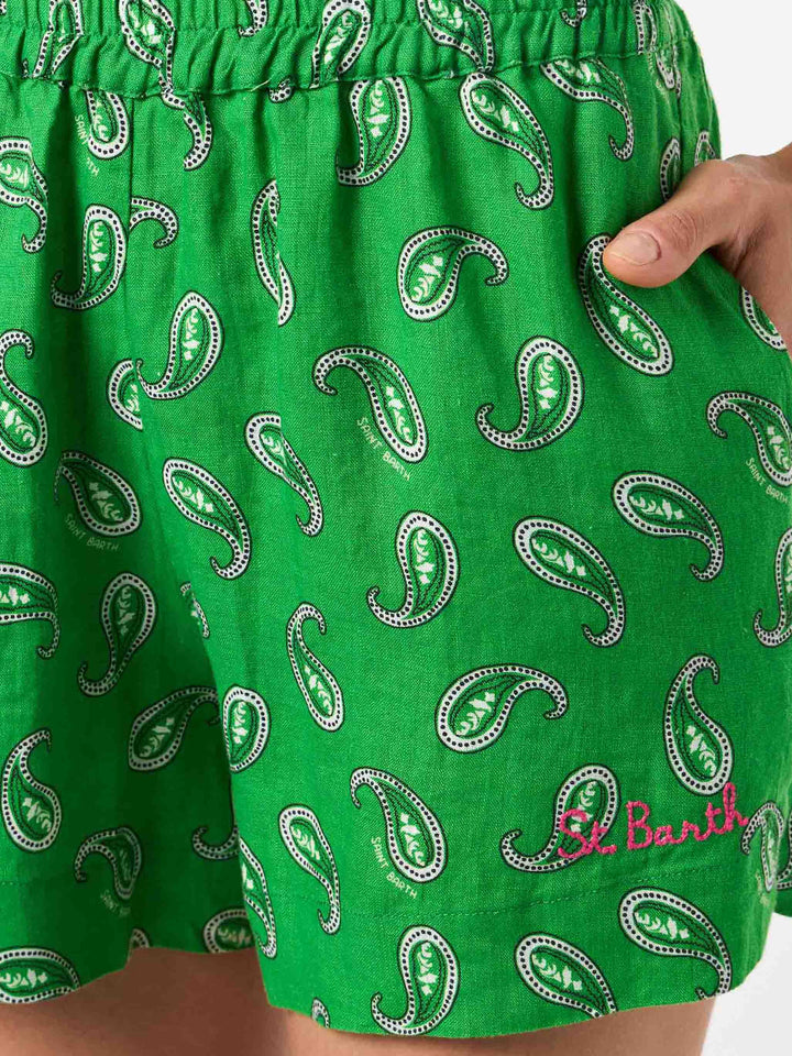 Short Lierre in lino con stampa paisley verde