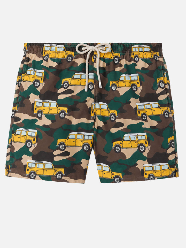 Lighting swim shorts with off-road car print