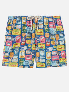 Costume mare Lighting blu con stampa lattine di sardine all-over